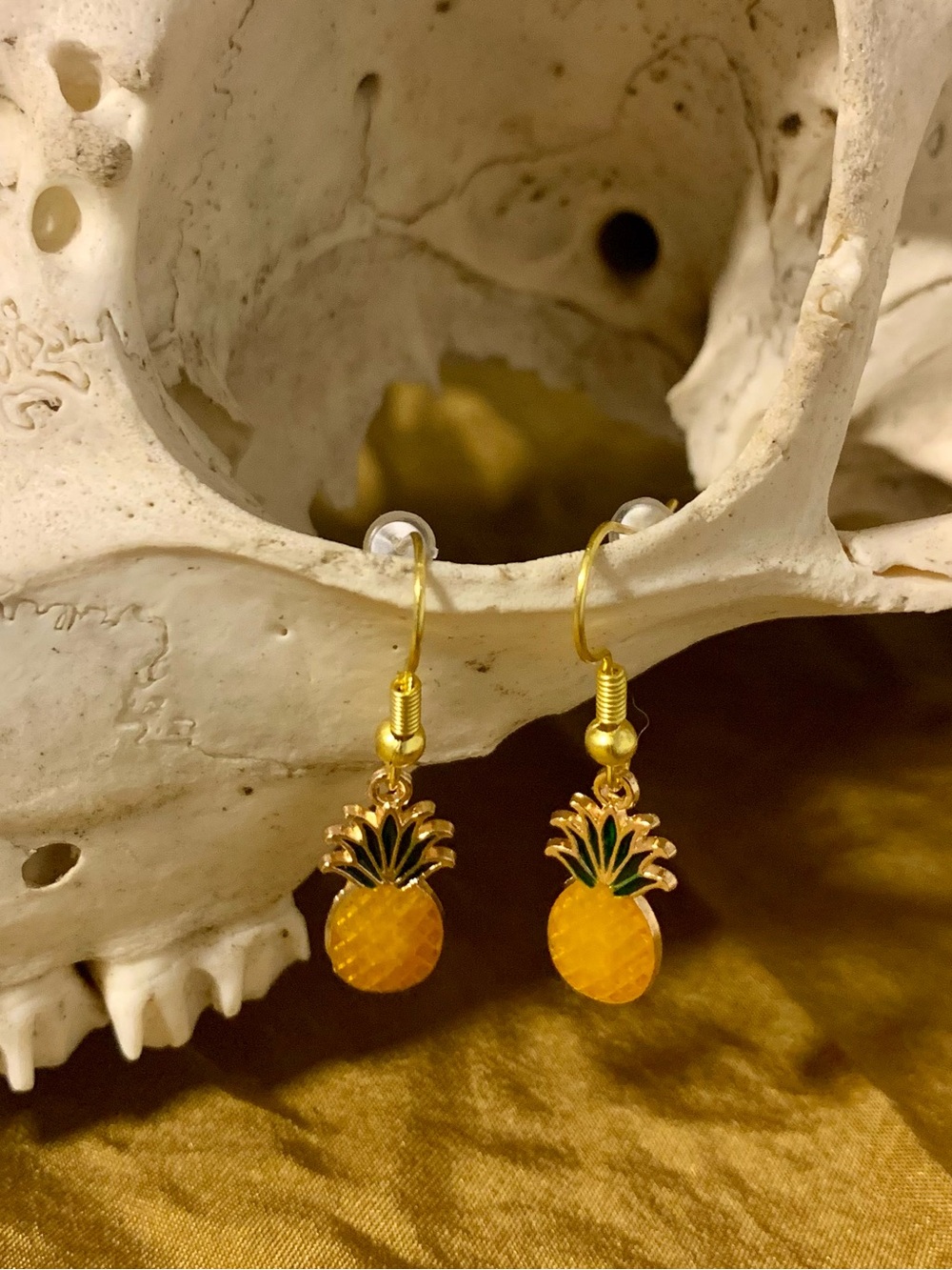 Gold Pineapple Drop Earrings with Yellow Enamel